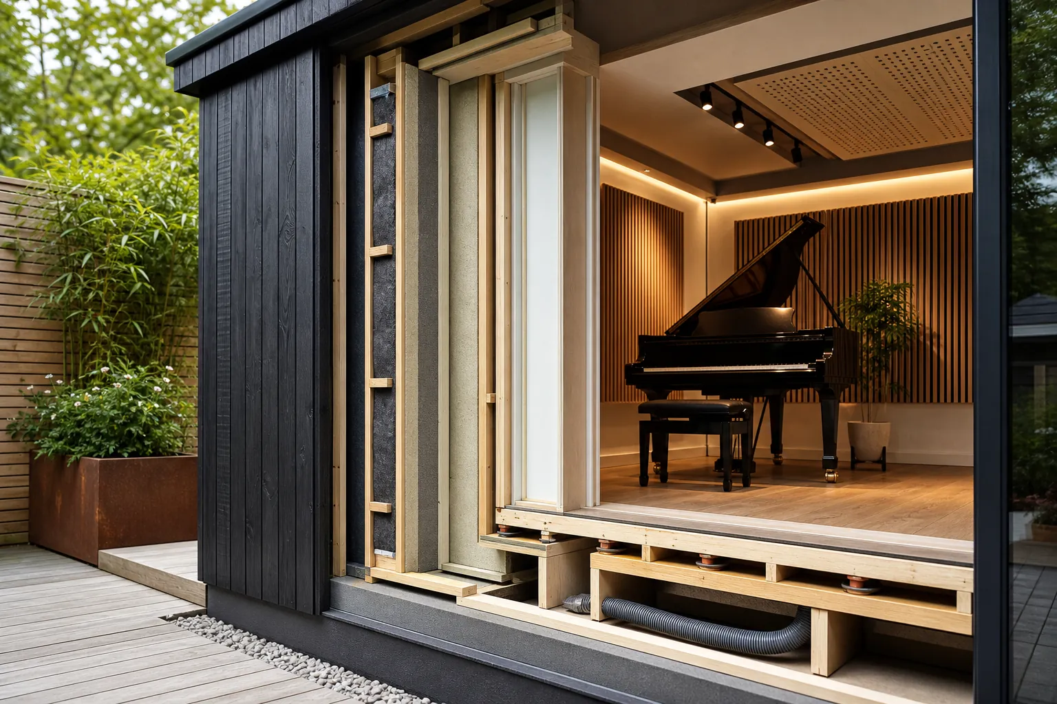Cutaway view showing the independent wall and floating floor layers of a soundproof garden studio